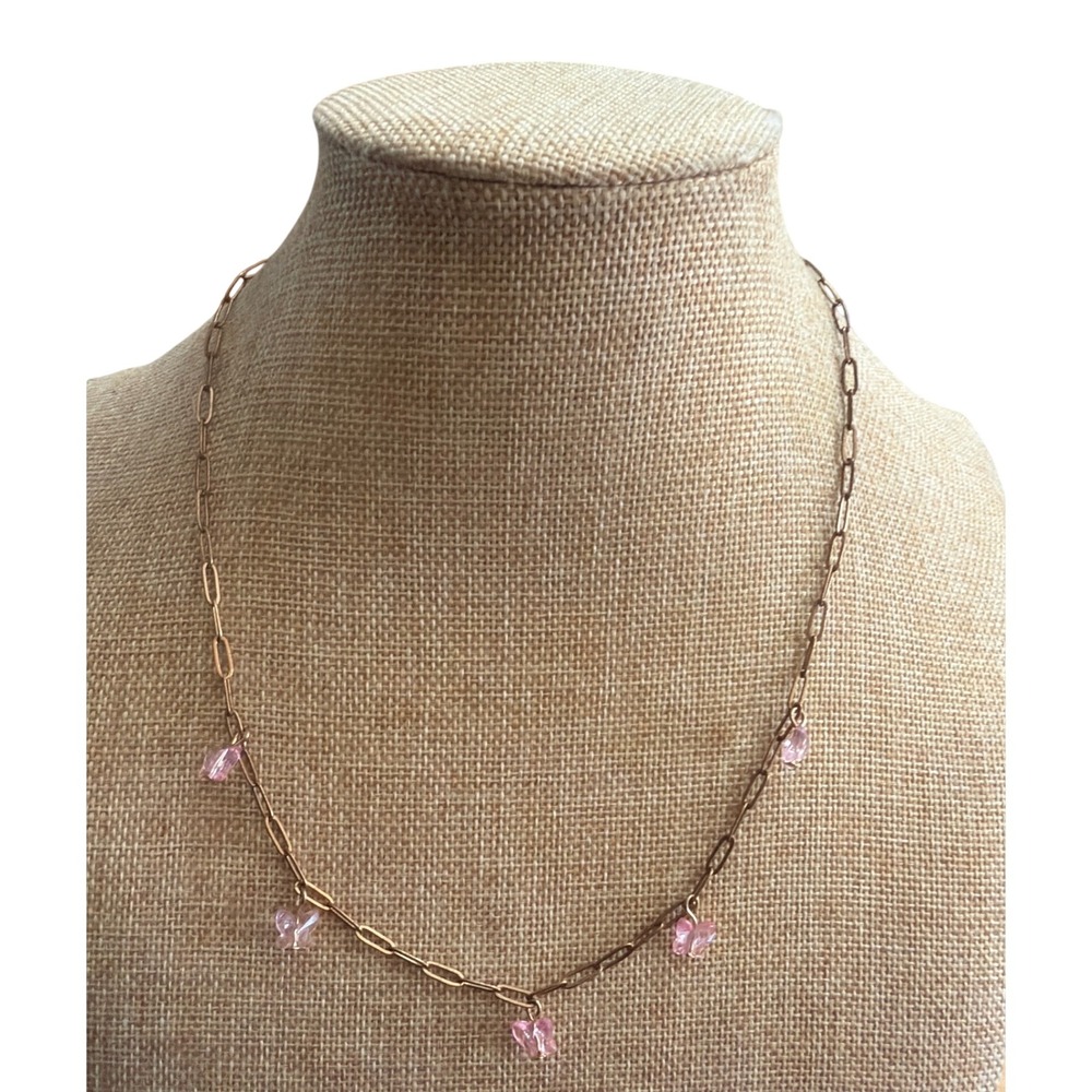 Pink Butterfly Charm Necklace Gold Tone Adjustable Layering Whimsical Y2K